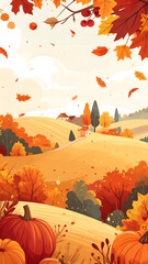 Autumnal Landscape with Pumpkins and Falling Leaves - A Scenic Illustration.