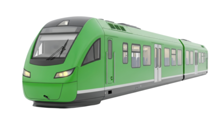 Isolated green modern intercity commuter EMU train on gray undercarriage without background