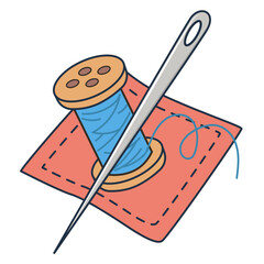 Spool of blue thread and needle on pincushion. Sewing and tailoring supplies for craft and hobby. Stitching and repair concept.