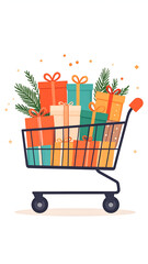 Festive season shopping with a cart full of wrapped gifts.