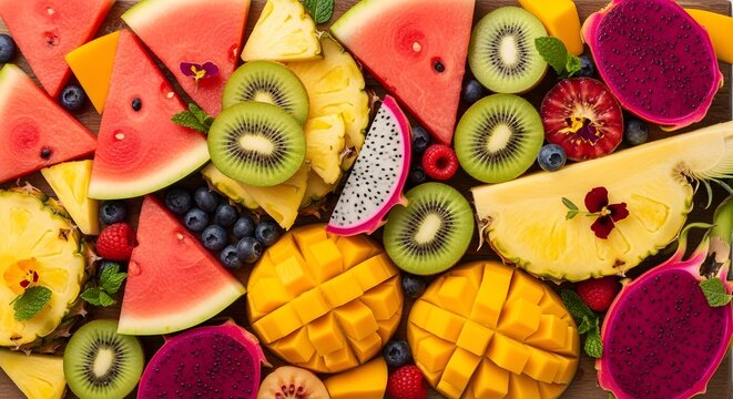 Fresh fruit platter with watermelon kiwi mango pineapple dragonfruit and berries for healthy eating diet