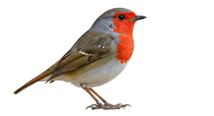 Isolated European robin perched, standing on its thin legs, a small brown garden bird