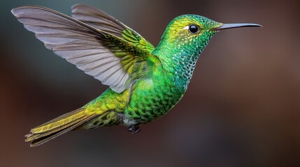 Obraz premium Vibrant Green Hummingbird in Flight with Iridescent Feathers Against a Soft Background