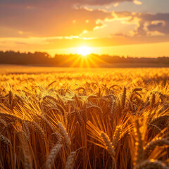 Golden Wheat Field at Sunrise with Sun Rays.