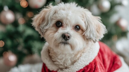 Fluffy dog in red christmas outfit with holiday tree background