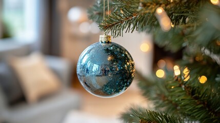 Festive blue and gold ornament hanging on christmas tree in cozy living room