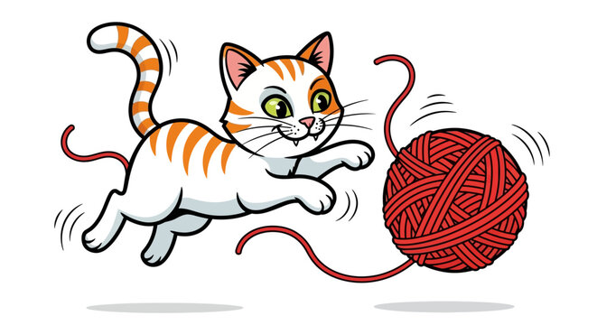Playful Orange Tabby Kitten Chasing a Ball of Yarn.