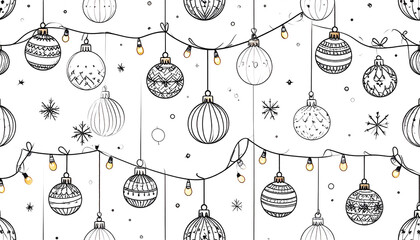 Hand Drawn Christmas Baubles and Festive Lights Seamless Pattern Background.