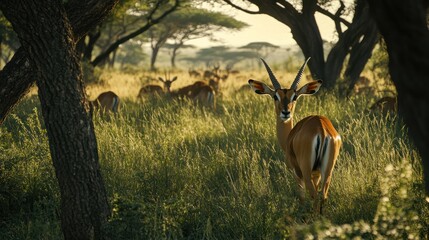 Impala herd grazing, sunrise savannah, Africa, wildlife documentary