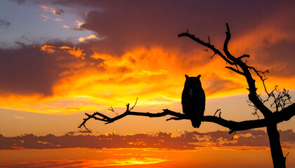 Silhouette of an owl perched on a tree branch against a vibrant sunset sky.