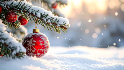 Christmas tree branch with red ornament in the snow.