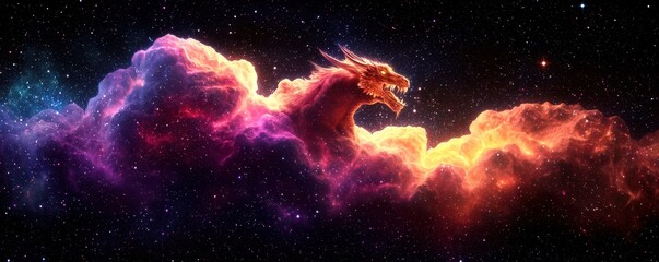 Fototapeta premium Majestic Cosmic Dragon Rising from Colorful Nebula in Space