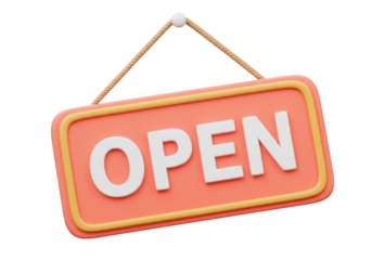 Peach open sign PNG isolated on transparent background, business store shop entrance welcome notice for retail and service