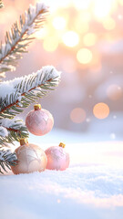 Winter Wonderland - Snow-Covered Fir Branch with Pink Christmas Ornaments and Golden Bokeh Lights.