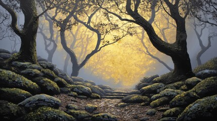 Fototapeta premium Enchanted Forest Pathway with Glistening Moss and Mysterious Fog Illuminated by Golden Light from a Hidden Clearing