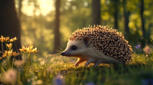 Hedgehog walking forest sunrise wildflowers nature