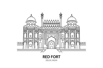 Red Fort Delhi Line Art &ndash; Iconic Indian Fort Vector Illustration of Mughal Architecture