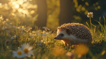 Hedgehog sunset meadow stroll, nature background, wildlife