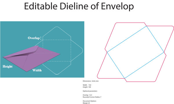 Purple envelope diagram with dimensions teal white