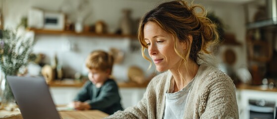 Working Mom: A dedicated mother balances career and family life, working remotely on a laptop while her child plays nearby in a cozy kitchen setting. A symbol of modern motherhood