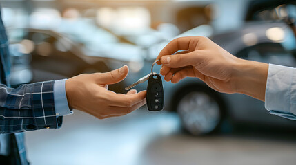 Fototapeta premium Buyer receives keys to new car in car dealership. Close-up. Concept of buying a new car, success, satisfaction and fulfilling a dream.