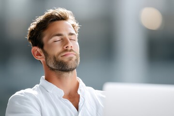 Serene Contemplation: A portrait of a man enjoying moment of peace and tranquility in a relaxed setting, eyes closed, with a content expression, capturing the essence of inner peace and mindfulness. 