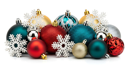 Assorted Christmas Ornaments and Snowflakes on White