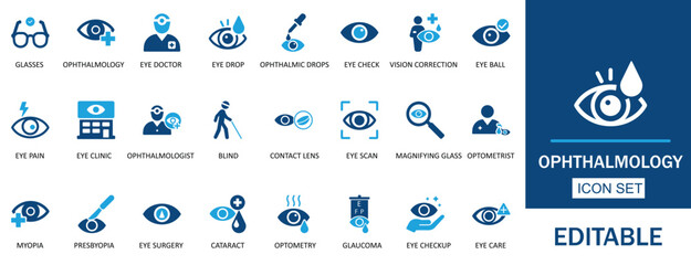 Ophthalmology icon set. Featuring medical eye care, optometry, and vision correction vector symbols. Ideal for clinics, hospitals, and health care visuals. Vector illustration.