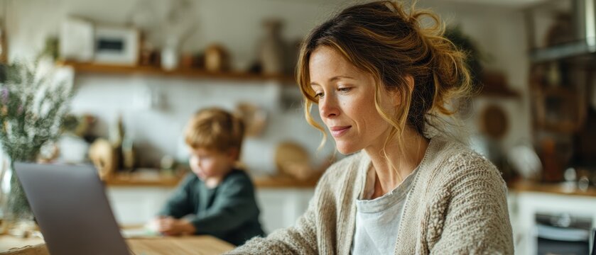 Working Mom: A dedicated mother balances career and family life, working remotely on a laptop while her child plays nearby in a cozy kitchen setting. A symbol of modern motherhood