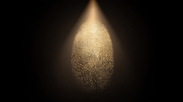 Illuminated fingerprint abstract with light beam showcasing unique patterns and textures against a dark background for artistic and security themes