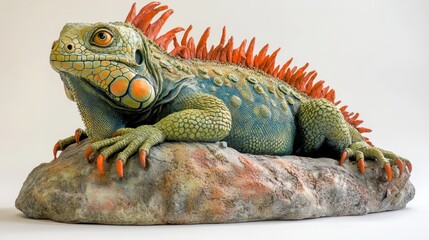 Obraz premium Vibrant iguana sculpture, studio shot, rock base, white backdrop, art