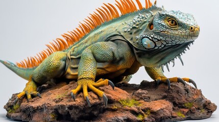 Obraz premium Painted iguana figurine on rock, studio, white background, fantasy art