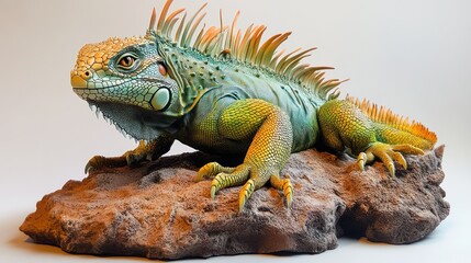 Obraz premium Green iguana posing on rock, studio shot, white background, reptile model