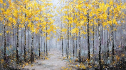 Fototapeta premium Serene Pathway Through Misty Forest with Yellow Leaves Creating a Tranquil Autumn Scene in Soft Light and Atmospheric Depth