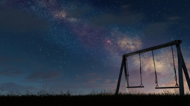 Serene Swing Set Under Starry Night Sky with Milky Way in Background, Perfect for Tranquil Outdoor Imagery and Peaceful Nature Scenes