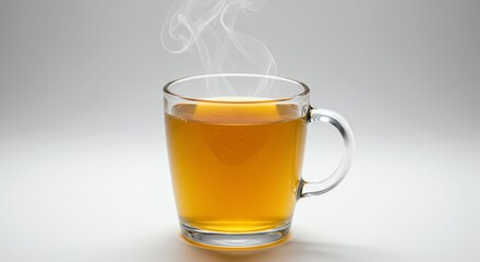 Hot Tea in Clear Glass Mug with Steam Rising on Light Gray Background