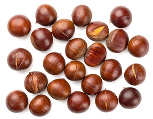 Obraz premium Overhead view of numerous roasted, shiny, brown shelled nuts