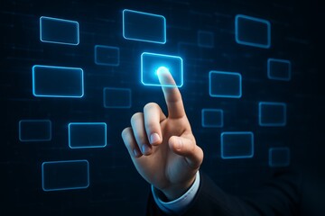 Hand touching glowing interface button on digital touchscreen with futuristic blue rectangles in dark background representing virtual technology concept. Ai generative