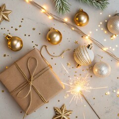 Golden ornaments and glowing lights around a festive gift box