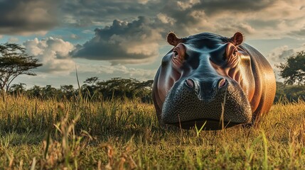 Hippopotamus staring, African savanna sunset, wildlife documentary