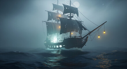 Fototapeta premium Mysterious Ship Sailing Through Foggy Waters at Night.