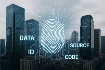Futuristic digital fingerprint concept with data, ID, source, and code elements over cityscape, symbolizing cybersecurity and identity technology. Ai generative