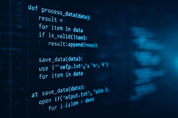Close-up of programming code on a dark blue screen background illustrating the concept of data processing and software development in technology. Ai generative