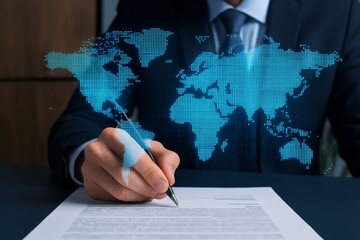 Businessman signing document with digital world map overlay representing global technology and international data network concept in business strategy. Ai generative