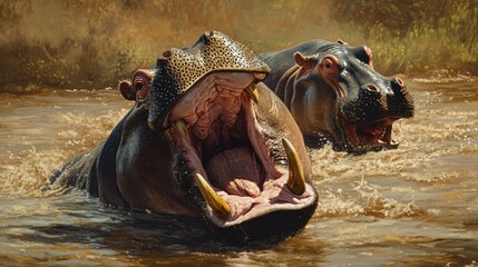 Hippopotamus Yawning River Africa Wildlife Dust