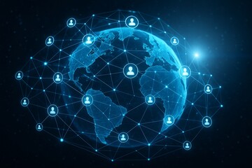 Global digital communication network surrounding Earth with user connection nodes symbolizing online interaction and data sharing concept in technology. Ai generative