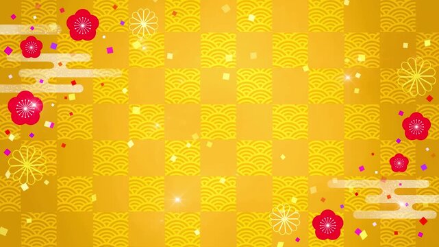 和柄　金箔　梅の花　ループ動画　枠　市松模様　青海波　和　文様　飾り　和風　和モダン　豪華　高級感　キラキラ　年賀　正月　お歳暮　成人式　Japanese pattern.Celebration background, Wedding,New Year.Loop video.