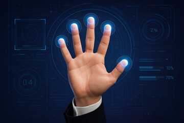 Human hand with all fingers touching virtual interface, illuminated biometric scanning points on futuristic digital screen for identification concept. Ai generative