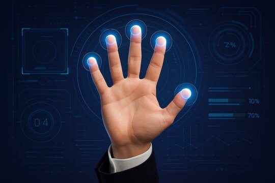 Human hand with all fingers touching virtual interface, illuminated biometric scanning points on futuristic digital screen for identification concept. Ai generative - Powered by Adobe