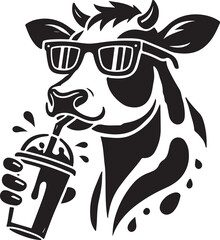 Cartoon vector illustration of a funny cow with milk and a cute farm animal head design